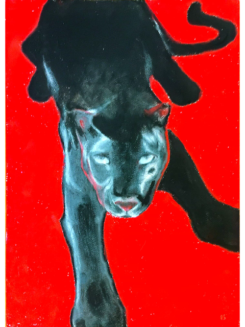 oil pastel of a black panther on a red background