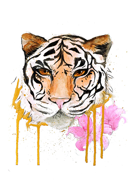 tiger with pink flower and gold watercolor drips