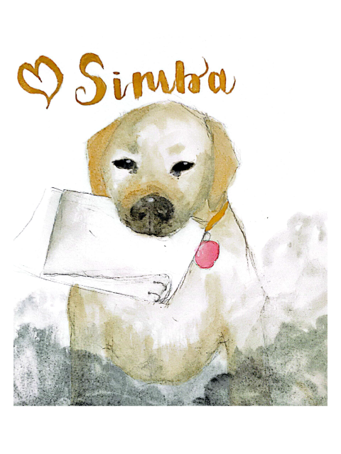 watercolor of yellow english lab with pet name Simba below portrait